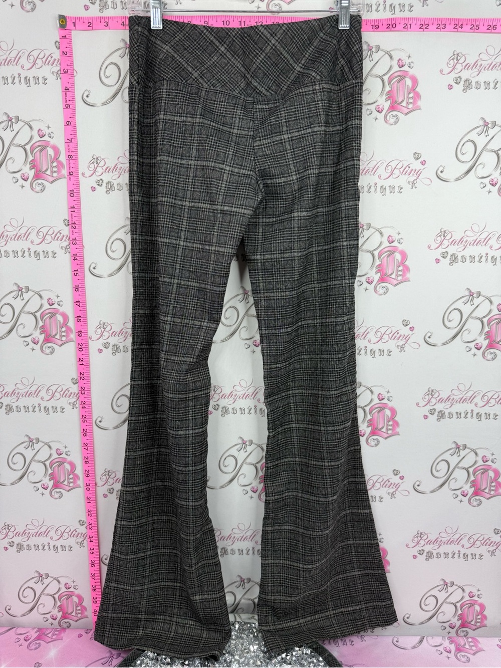 SEDUCTION pants flare leg buttons y2k Plaid High-Rise Flared Trousers — Gray - Picture 2 of 9